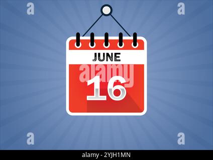 June 16, Calendar hanging sign. 16th days of the month, modern illustration. Flat style Stock Vector