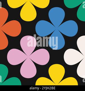 Colorful floral pattern resembling clover shapes with petals on black background. Seamless geometric vector design in retro style. High quality illust Stock Vector