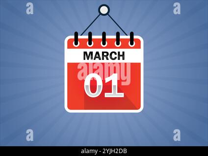 March 01, Calendar hanging sign. 01th days of the month, modern illustration. Flat style Stock Vector