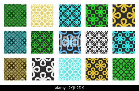 Collection of vibrant seamless linear patterns with floral shapes on a black background. Playful Y2K designs for fashion, textiles, home decor, and pr Stock Vector