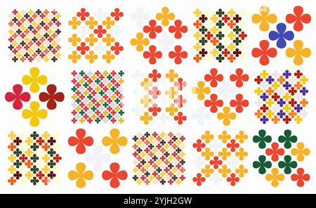 Set of seamless vector patterns featuring colorful clover like flower shapes in a checkered chess grid design. Vibrant geometric style, perfect for ba Stock Vector