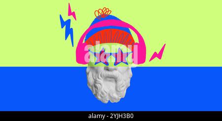 Antique statue bust adorned with red star-shaped glasses and headphones on neon green and blue split background, funky pop art style. Contemporary art Stock Photo