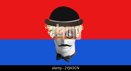 Antique statue bust with monocle, mustache, and bowler hat, set against bold red and blue background, adding quirky retro vibe. Contemporary art Stock Photo
