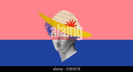 Antique statue bust in large straw hat adorned with red flower, set against pink and blue background. Retro vibes. Contemporary art collage. Stock Photo