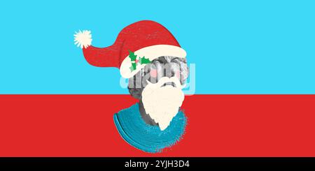 Classical sculpture bust wearing Santa hat with holly leaf, set against cheerful blue and red background for festive pop art look. Contemporary art Stock Photo