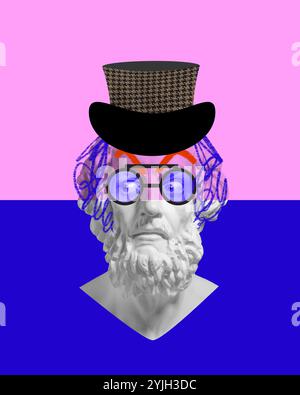 Sculpture bust with tweed top hat, blue glasses, and expressive gaze, set against pink and blue background. Contemporary art collage. Stock Photo
