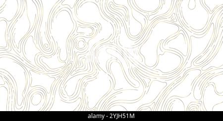 Vector gold line wood texture illustration, organic shape wave pattern, abstract luxury tree graphic, trunk circles, topography map background. Stock Vector
