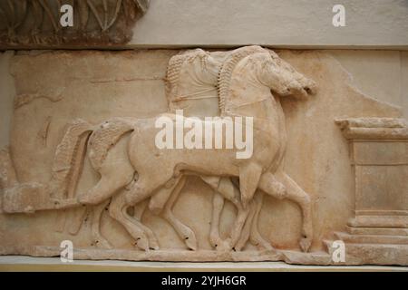 Delphi, Phocis. Greece. North frieze of the Treasury of the Siphnians. Gigantomachy. 530-480BC. Delphi Archaeological museum. Greece. Stock Photo