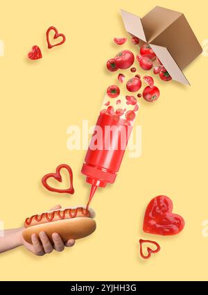 Pouring ketchup on hot dog against yellow background, creative collage. Tomatoes falling from box filling bottle of sauce. Woman holding bun with saus Stock Photo