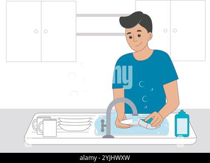 Positive young man washing dishes. Home kitchen with sink. Husband doing housework. Household help, vector graphics Stock Vector