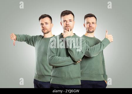 Same Person Showing Gestures of Approval, Disapproval and Consideration Stock Photo