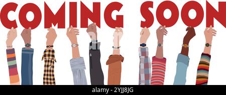Raised hands holding red letters forming the text COMING SOON. Banner for announcements promotions notifications or new arrivals for advertising Stock Vector