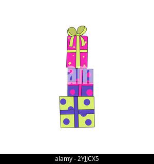 Colorful gift boxes, presents in doodle style. Holiday greeting card concept. Christmas, Birthday. Vector illustration Stock Vector