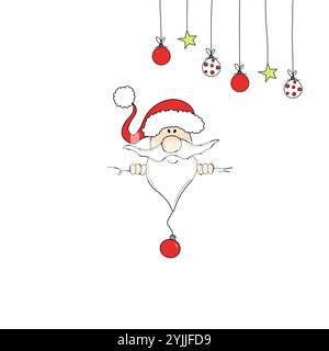 Santa Claus and Christmas tree toys in doodle style. Christmas and New Year character for greeting card, poster, invitation. Vector illustration. Stock Vector
