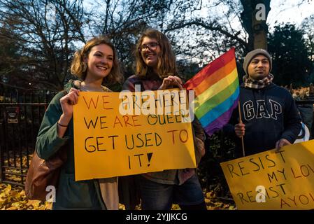 London, UK. 22nd November 2017. Protesters met at the Turkish Embassy to read a statement in solidarity with Turkish LGBTI+ people after Turkey last Sunday imposed an indefinite ban on all LGBTI+ cultural events in its capital, Ankara. They criticise the ban which they call illegal, homophobic and transphobic and which they say risks criminalising LGBTI existence and endangering public safety. Homosexuality has been legal in Turkey since the modern Turkish Republic came into existence in 1923, and in the last half of the century before that under the Ottoman Empire, and they say the ban is bas Stock Photo