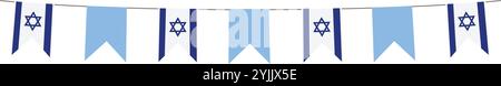Israel flags bunting garland. Textile, paper party flags in blue and white with David star isolated on background. Vector illustration, web banner Stock Vector