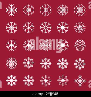 icon set White color Snowflake on red color background for Christmas cards, banner, ornament Stock Vector