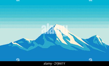 Pixel art horizontal illustration of daylight over mountain snowy peak. In the style of retro platformer video game level. Seamless when docking horiz Stock Vector
