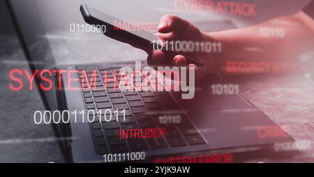 Holographic interface warning of a system hacked. Alert after cyber attack on laptop. Internet virus. Cybercrime concept. Hackers stealing information. Stock Photo
