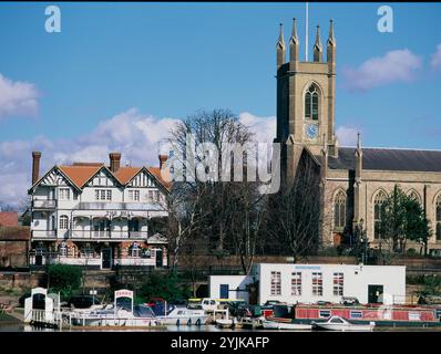 United Kingdom. England. London. Hampton. Thames Riverside. The Bell Inn & St Mary's Church. Stock Photo