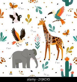 Vector Childish, Babies seamless pattern  Illustration with cute cartoon animals, plants. Elephant Giraffe Birds Cactus Africa Savannah Safari Wildlif Stock Vector