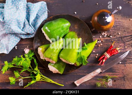 stuffed peppers with meat and rice on plate Stock Photo