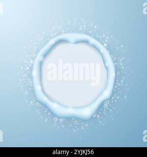 Round festive frame of snow on the background of beautiful snowflakes. Vector 3D illustration. Stock Vector
