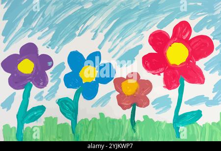 Colorful child's painting featuring vibrant flowers growing in a field of green grass under a bright blue sky, evoking joy and creativity Stock Photo