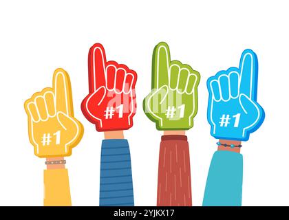 Fan foam fingers. Hands up with glove with number one, stadium supporter pride accessory, football victory symbol. Best sport team cheering, first pla Stock Vector