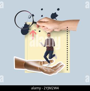 Creative art collage with magnifying glass and man on pink background Stock Photo