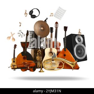 Different musical instruments in air on white Stock Photo - Alamy