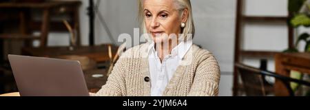 A beautiful older woman is focused on her laptop in a warm and inviting environment. Stock Photo