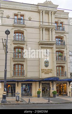 Istanbul, Turkey - October 18, 2023: Luxury Romance Four Star Hotel Building at Hudavendigar Street. Stock Photo