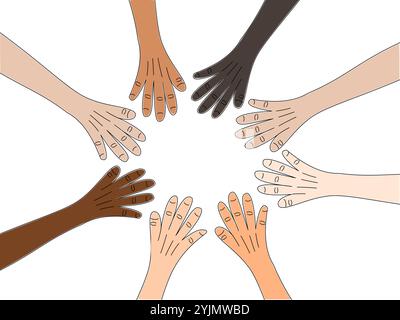A visual representation of diverse hands coming together in a circle, collaboration, symbolizing unity and inclusion. Stock Vector