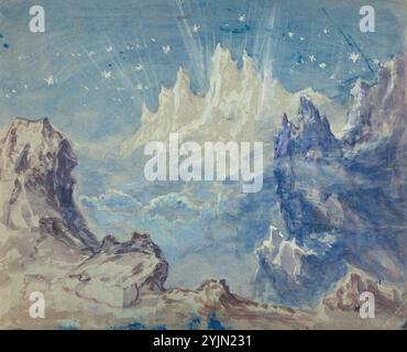 Robert Caney British, 1847 - 1911, Fantastic Mountainous Landscape with a Starry Sky, Set Designs for Drury Lane Theatre, watercolor and gouache on gray-blue wove paper, sheet: 21.4 x 26 cm (8 7, 16 x 10 1, 4 in Stock Photo