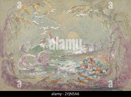 Robert Caney, British, 1847 - 1911, Lake Scene with Fairies and Swans, Set Designs for Drury Lane Theatre, watercolor and gouache over black chalk on blue-green board, sheet: 17.4 x 25 cm (6 7, 8 x 9 13, 16 in Stock Photo