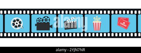 Cinema icons in filmstrip frames. Film reel, camera, clapperboard popcorn and cinema tickets. Vector illustration Stock Vector