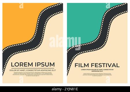 Film festival poster templates design with wavy film strip. Movie film poster in retro style. Vector illustration Stock Vector