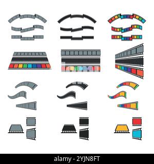 Set of different shaped and colored film strips. Curved and wavy, black and colorful film tapes isolated on white background. Vector illustration Stock Vector