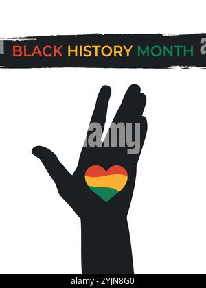 Black history month celebrate poster with red, yellow, green colored heart on open palm of raised hand. Vector illustration Stock Vector