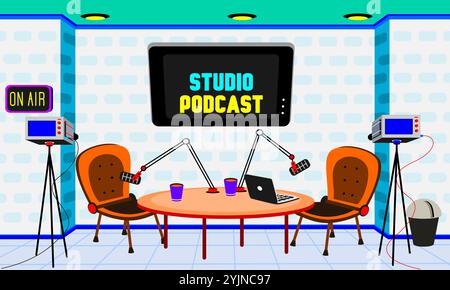 Podcast and broadcast studio room for making content. Stock Vector