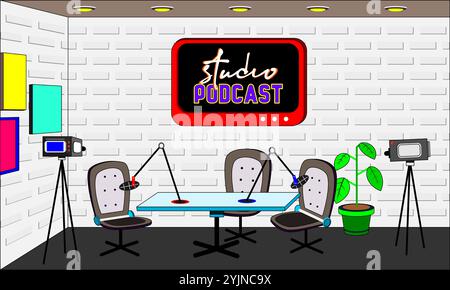 Podcast and broadcast studio room for making content. Stock Vector