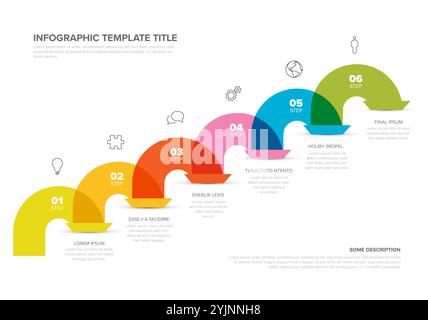 Vector light Infographic template with rounded color jumps in diagonal line with numbers icons titles and descriptions. Simple minimalistic stepss tem Stock Vector