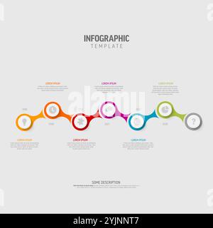 Simple solidchain color timeline template with icons in white buttons, years and descriptions. Multipurpose time line template on white background wit Stock Vector
