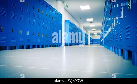 Long corridor with blue lockers in modern school 3d background Stock Photo