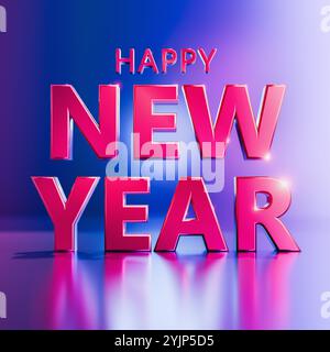 Happy New Year text in bold, glossy red numbers against a vibrant purple and blue gradient background, with reflections on the shiny surface below. Stock Photo