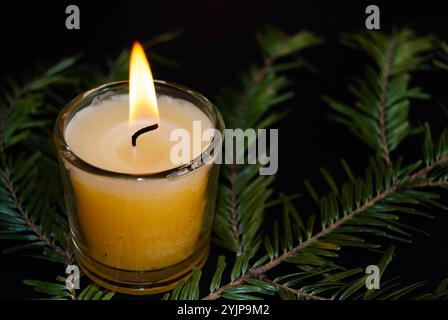 Burning candle in the dark with green pine branches beneath, creating a warm, festive atmosphere. Stock Photo