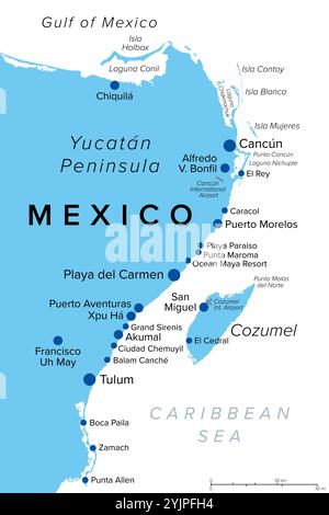 Riviera Maya in Mexico, political map, with Cancun, a city on the Yucatan Peninsula coast, north of the Mayan Riviera. Caribbean coast resort. Stock Photo