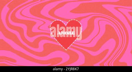 Valentine´s day greeting card, poster, flyer, or background in retro style. A red heart on a background with a twirl lines in fuschia and red colors. Stock Vector