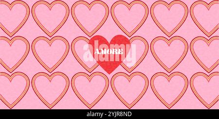 Valentine´s day greeting card, poster, flyer, or background in retro style. A red heart on a background with a repetition of hearts in pink color. The Stock Vector